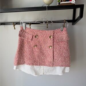 Anthropologie Pink Bouclé Mini Skirt with Gold Buttons
